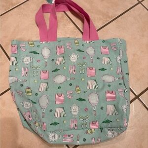 Tennis Print Tote Bag with Pink Handles
